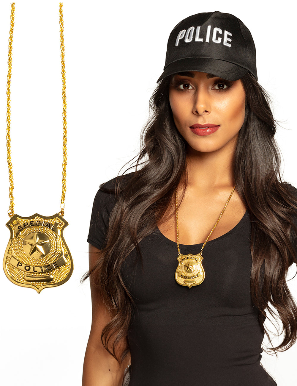 Détail et vue portée du collier en métal insigne police