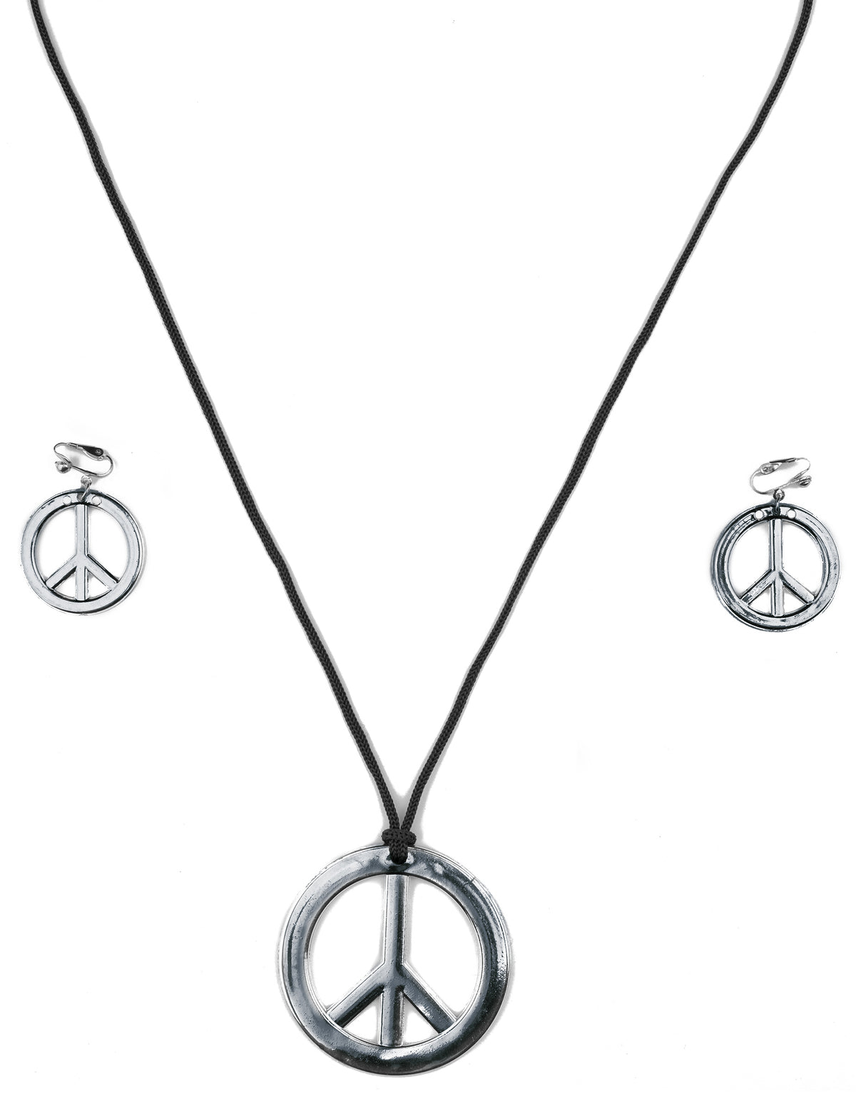 Vue d'ensemble argentée du collier et boucles d'oreilles hippie pour adulte