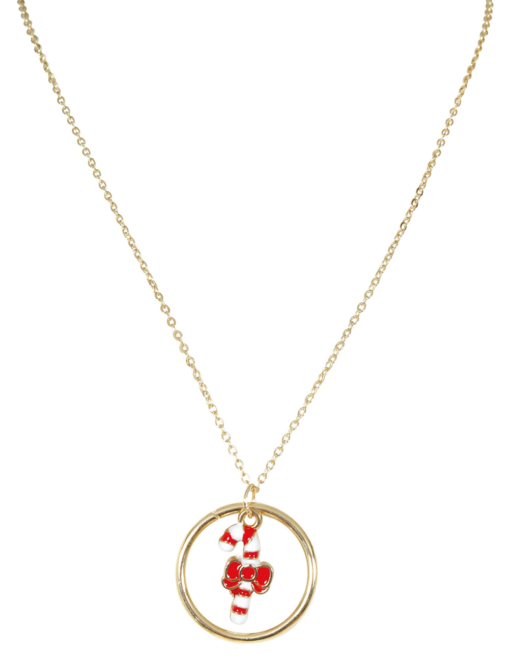 Gros plan sur le pendentif du collier métallique canne à sucre de Noël