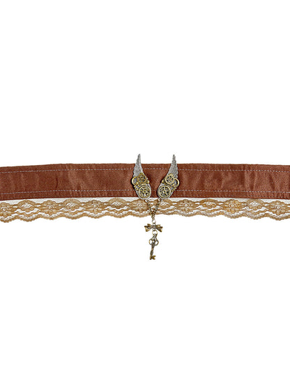 Collier ras de cou steampunk pour adulte marron avec dentelle et breloque clef