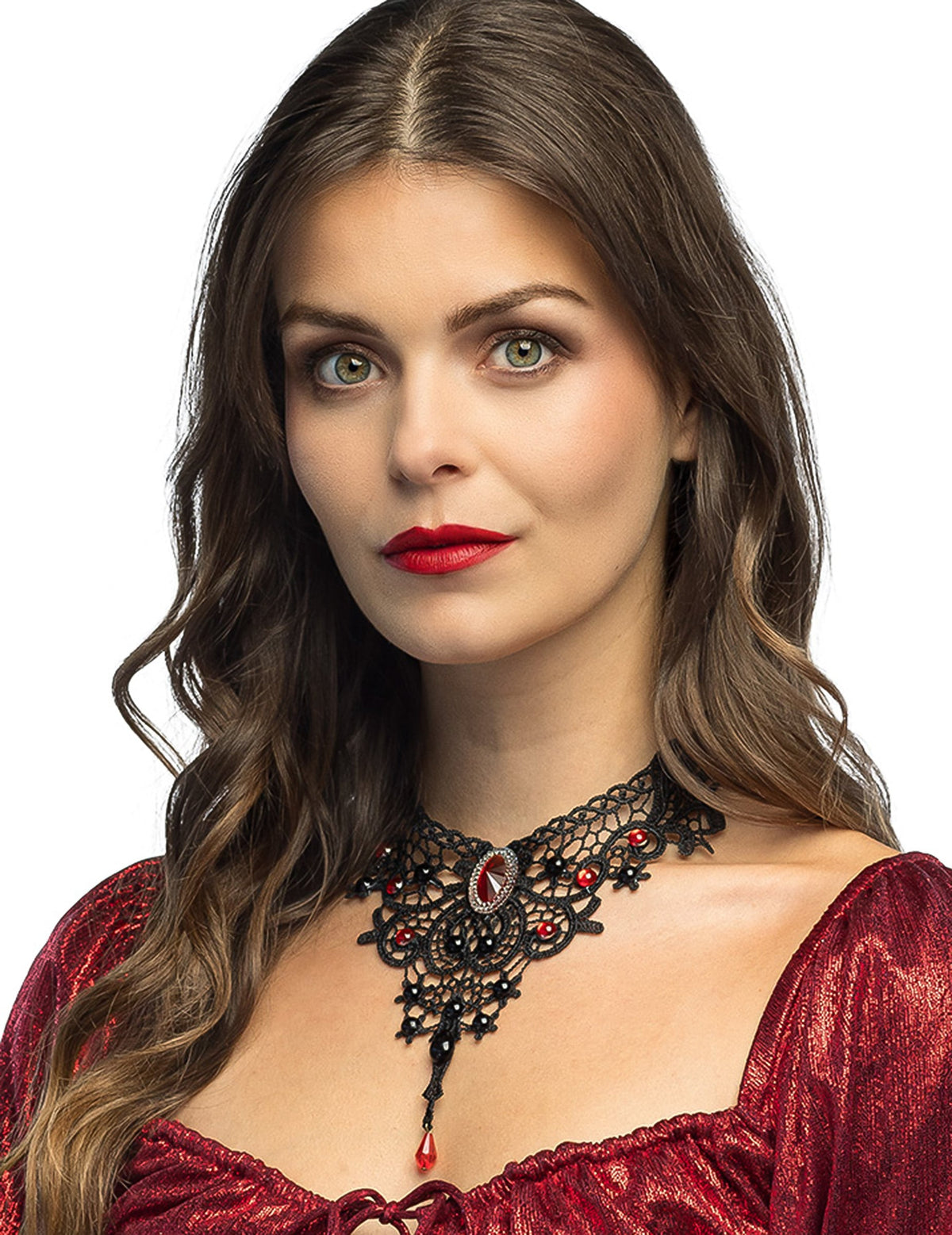 Collier Vampire pour femme en dentelle noire et pierres précieuses rouges