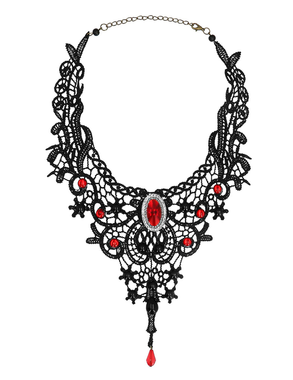 Vue détaillée de la dentelle et des pierres du collier Vampire