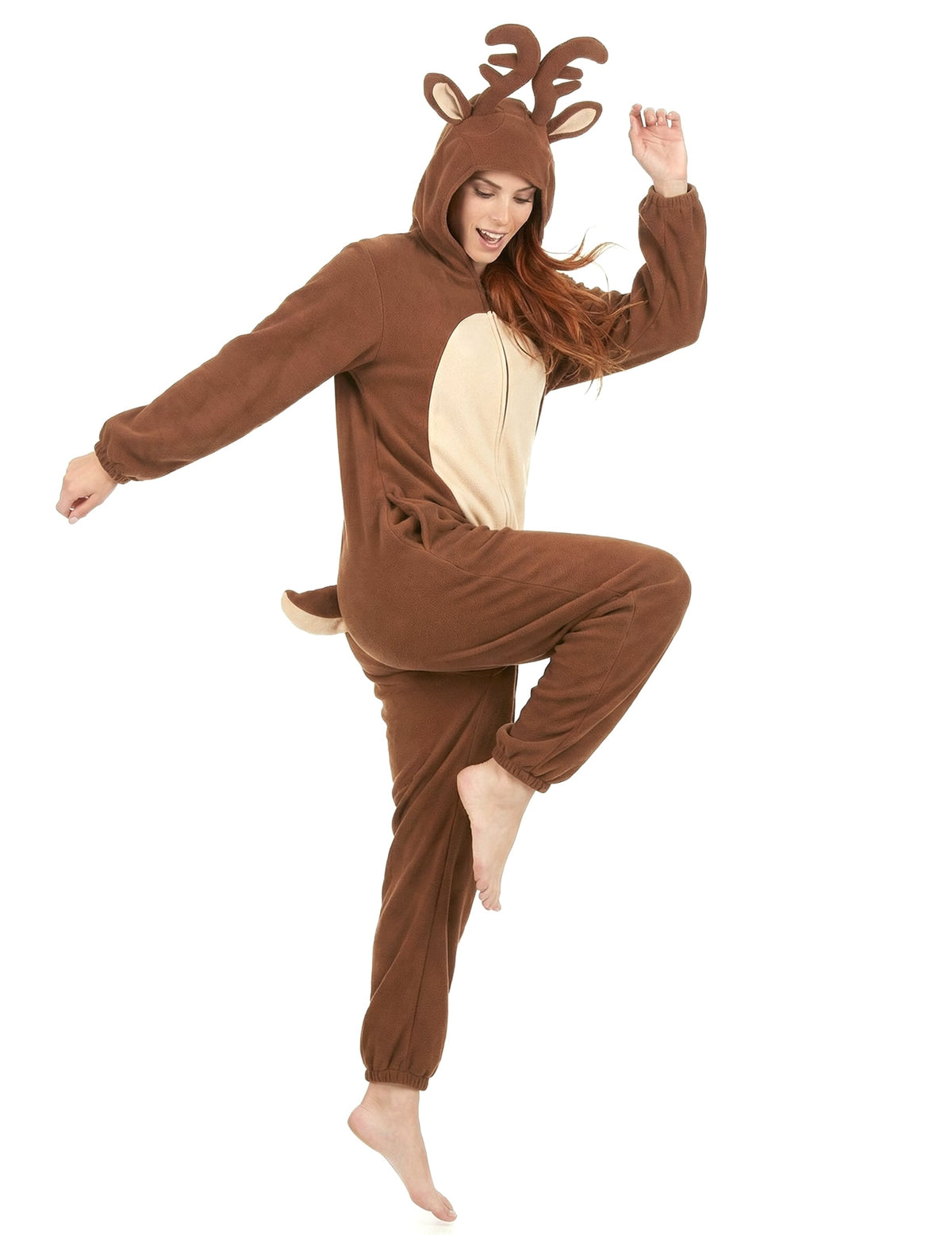 Vue d'ensemble en mouvement de la combinaison à capuche renne pour femme