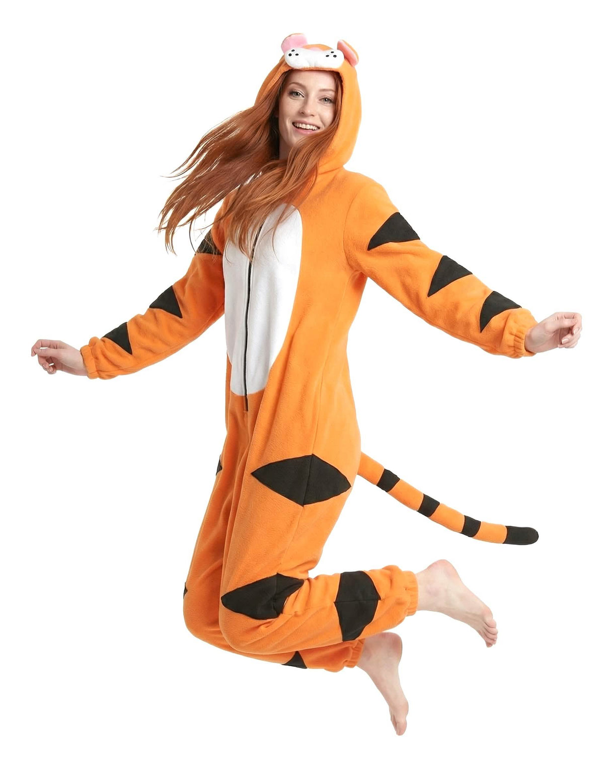 Pohybový pohľad na kombinézu s kapucňou tigra