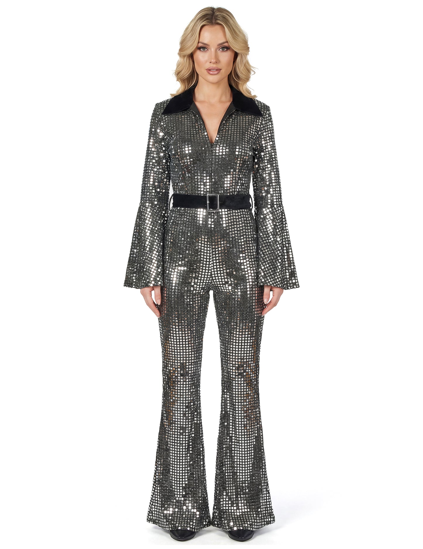 Strieborný disko overal pre ženy s luxusným opaskom