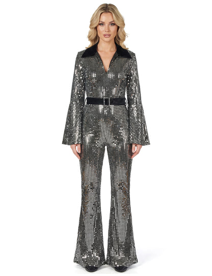 Strieborný disko overal pre ženy s luxusným opaskom