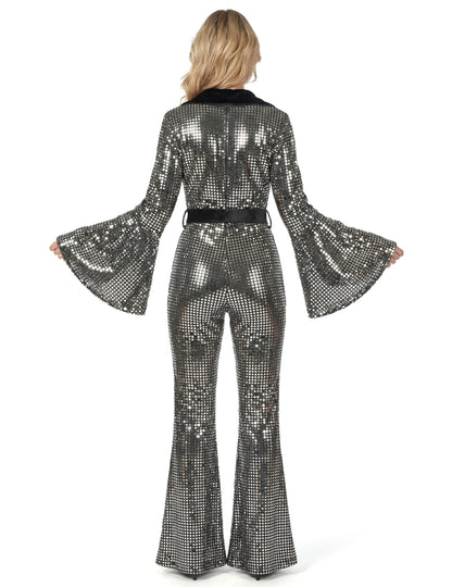 Strieborný disko overal pre ženy s luxusným opaskom