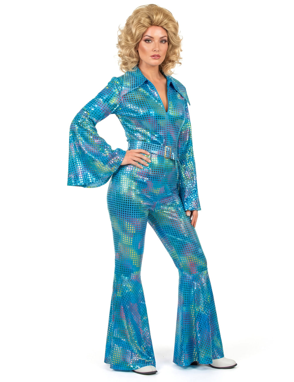 Vue de trois quarts face de la combinaison disco pour femme turquoise haut de gamme à sequins