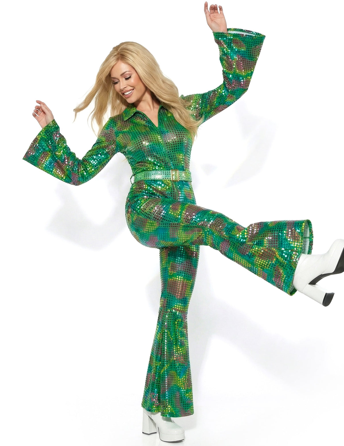 Combinaison disco pour femme vert brillant à sequins haut de gamme