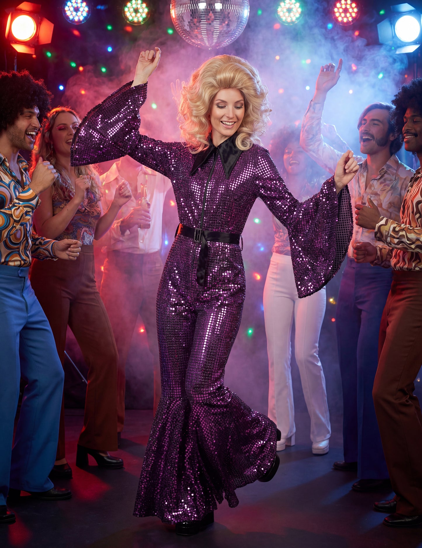 Dámsky fialový disko overal s luxusným opaskom