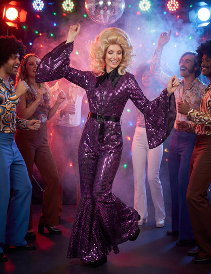 Dámsky fialový disko overal s luxusným opaskom