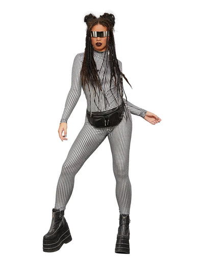 Combinaison holographique disco pour femme argentée à motifs carreaux