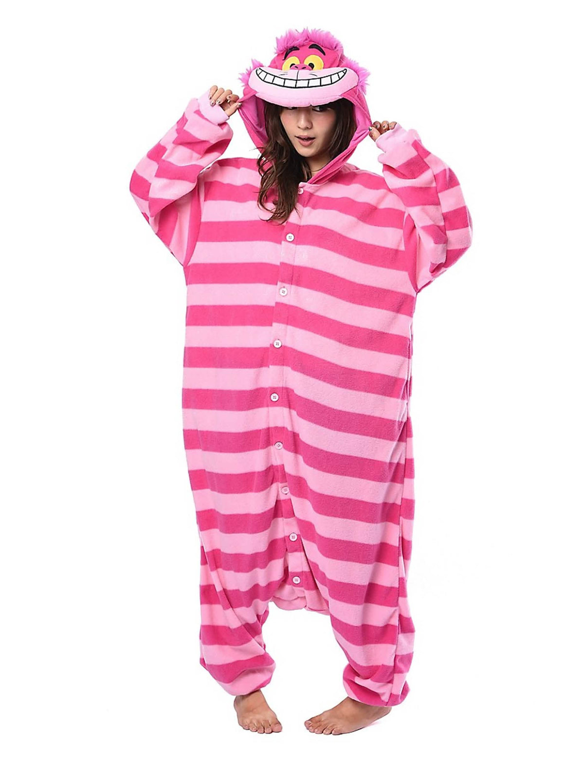 Kombinéza Kigurumi mačky z Cheshire z Alice v krajine zázrakov pre dospelého s ružovými a fialovými pruhmi