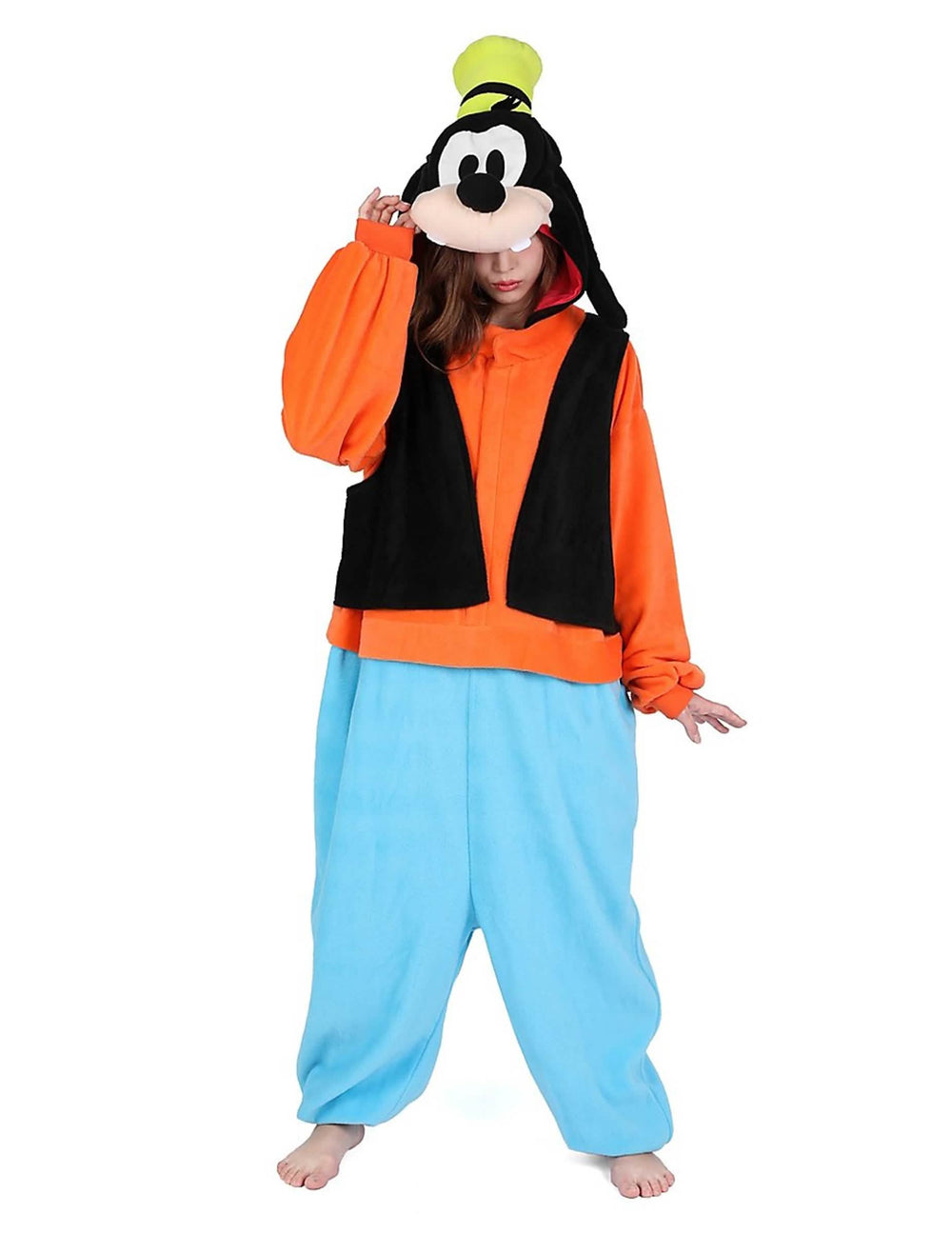 Kombinéza kigurumi Dingo pre dospelý oranžová, modrá a čierna so zeleným klobúkom