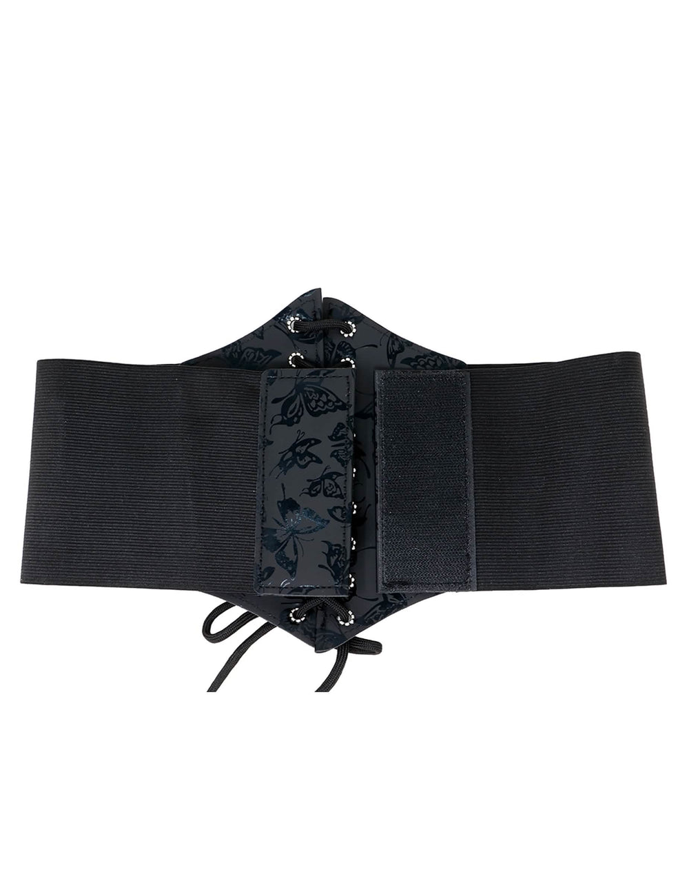 Detail systému zapínania na suchý zips elastického korzetu s motívom motýle