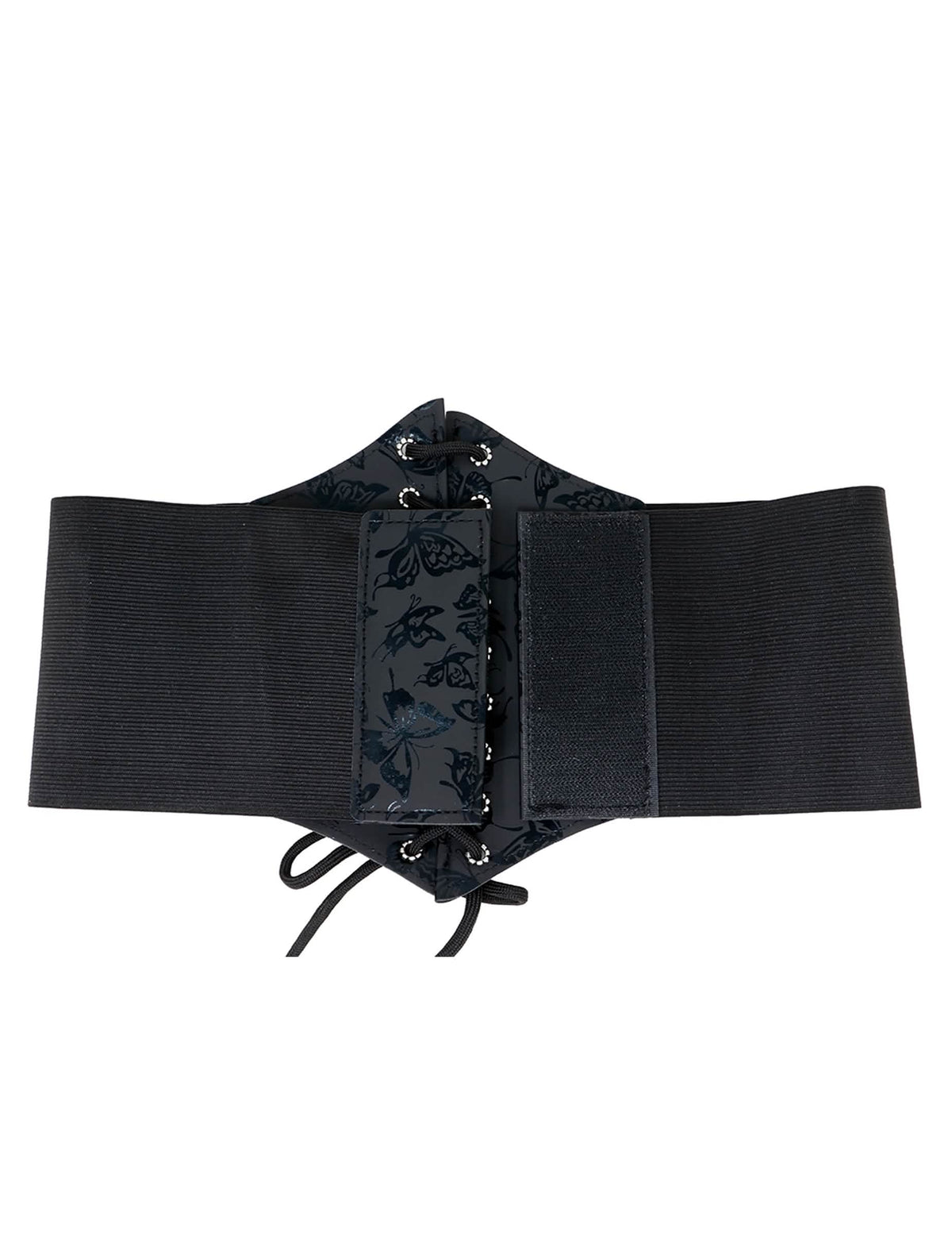 Detail systému zapínania na suchý zips elastického korzetu s motívom motýle
