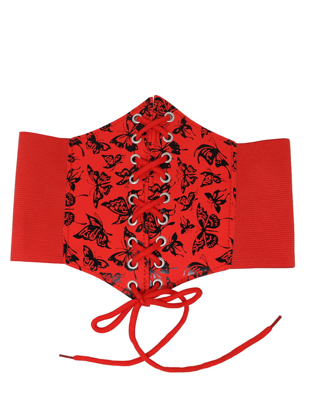 Gros plan sur le laçage du corset élastique motif papillon