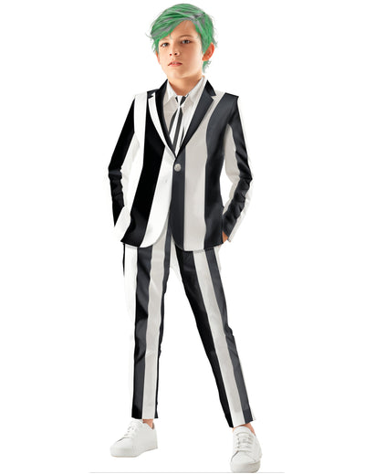 Costume de fantôme à rayures pour enfant noir et blanc avec cravate