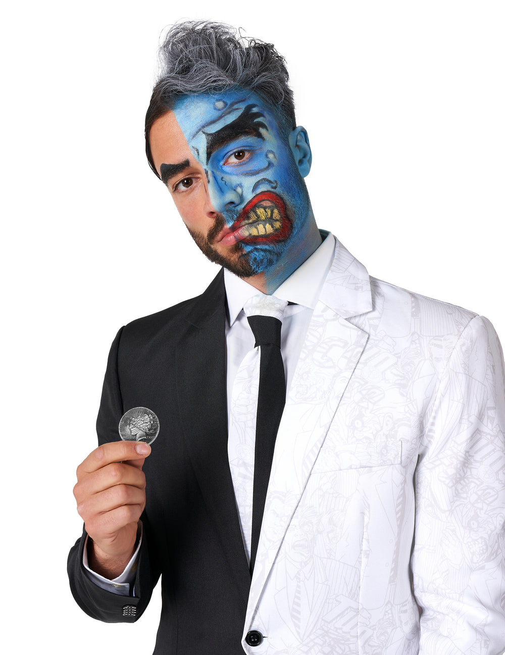 Maquillage bicolore et pièce de monnaie du costume Double Face Suitmeister