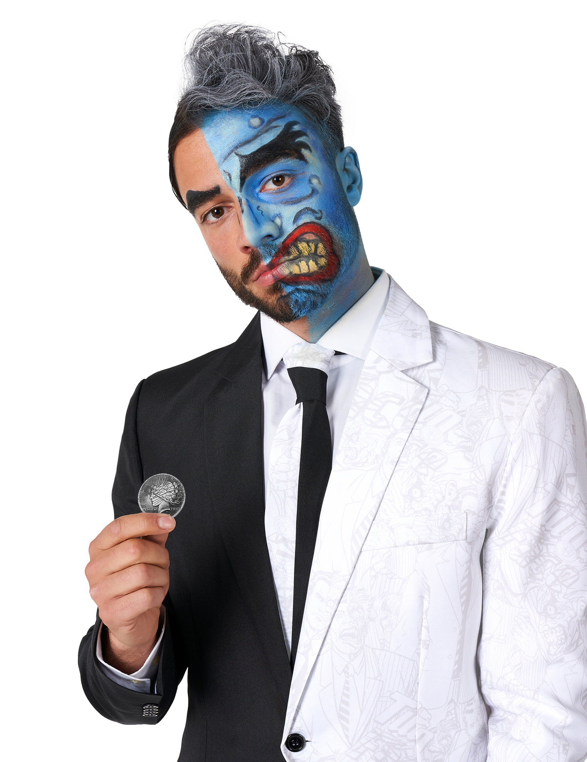 Maquillage bicolore et pièce de monnaie du costume Double Face Suitmeister
