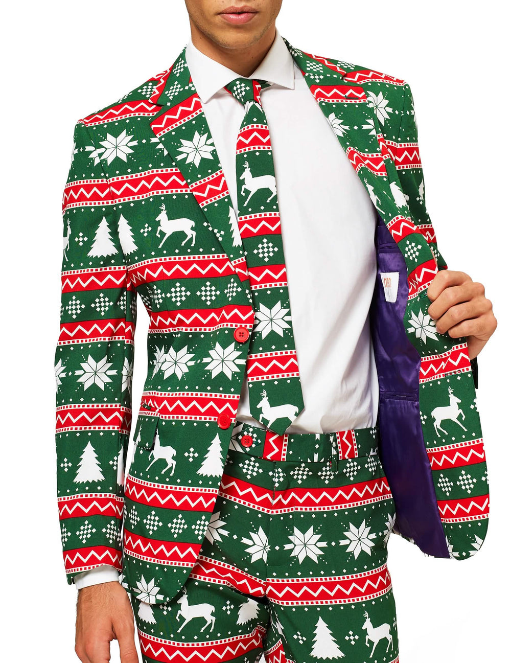 Kostým Mr. Festive pre mužov zelená s motívmi vianoc sobi a jedlí