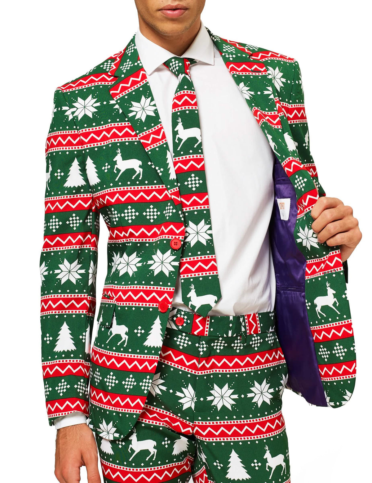Kostým Mr. Festive pre mužov zelená s motívmi vianoc sobi a jedlí