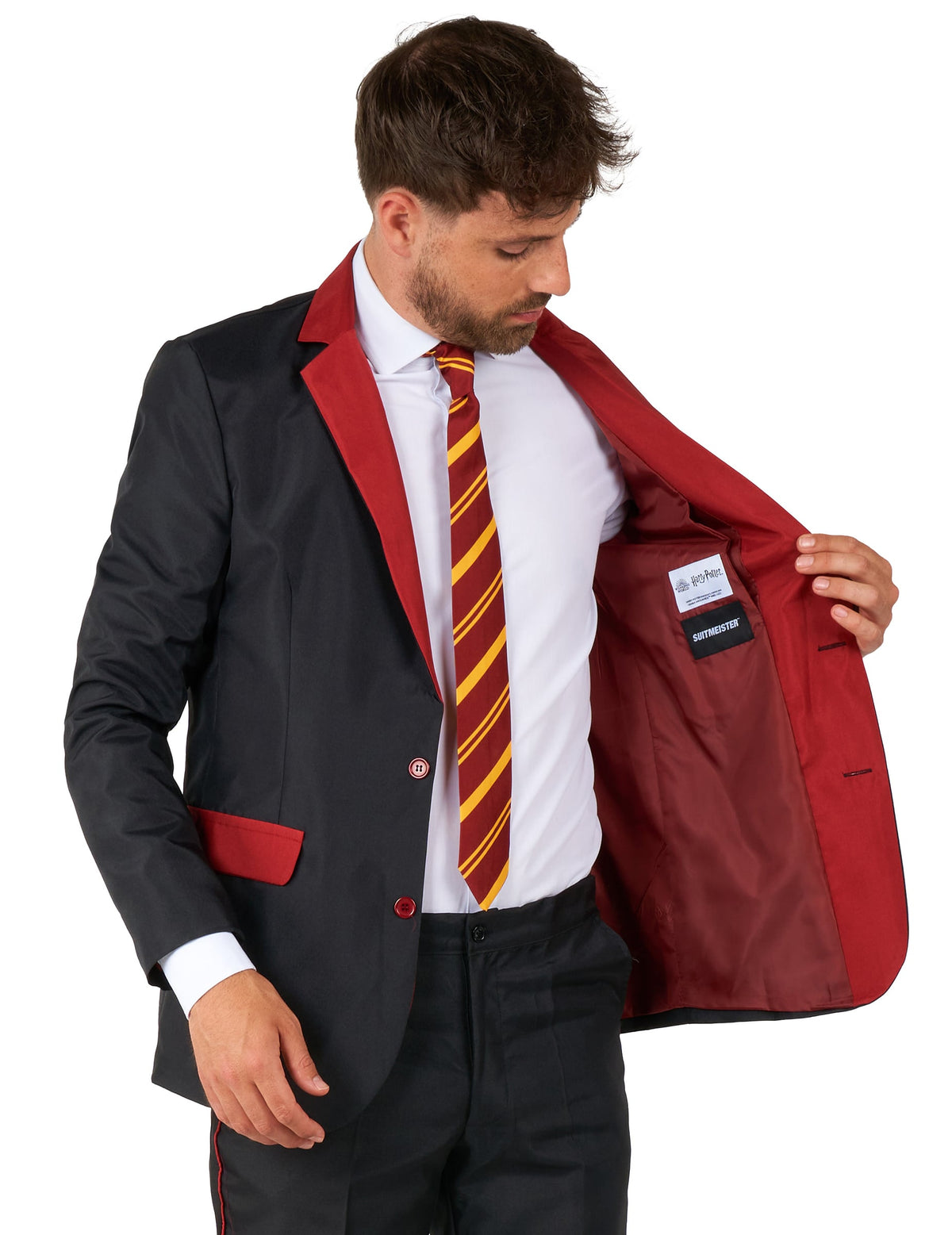 Détail de la doublure intérieure rouge du Costume Mr. Gryffondor Suitmeister