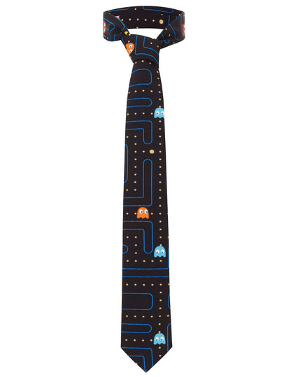 Cravate Mr. Pac-Man pour homme noir à motifs labyrinthe et fantômes