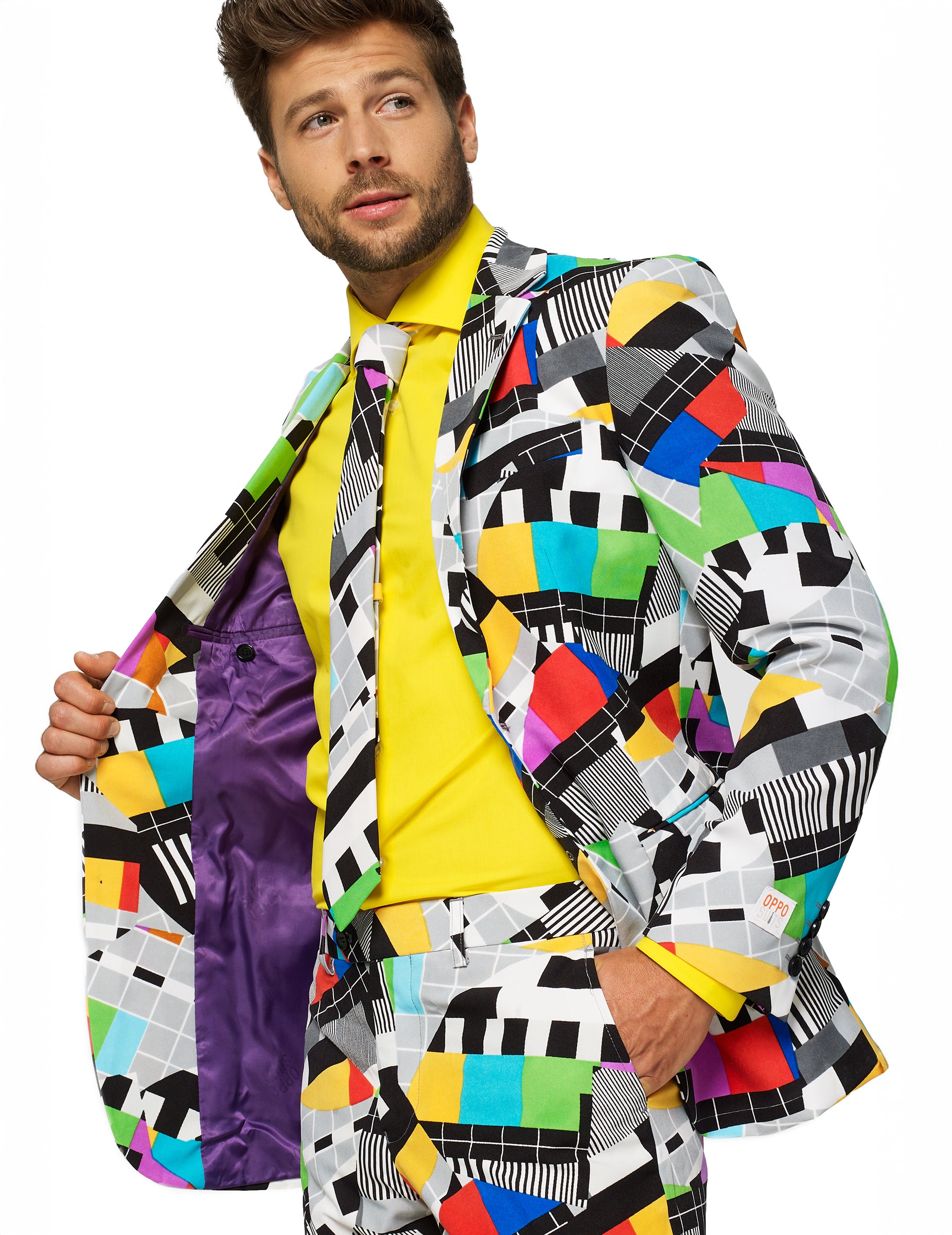 Détail de la doublure violette de la veste du Costume Mr. Technicolor Opposuits pour homme