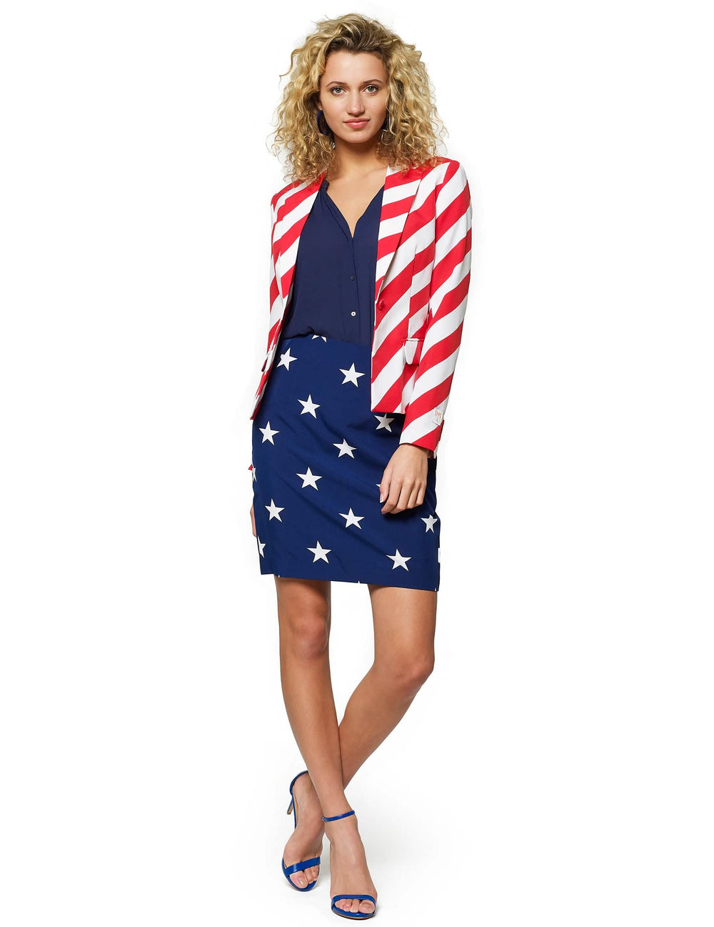Kostým Mrs. America Opposuits pre ženu s motívmi hviezd a pruhov modrá biela červená