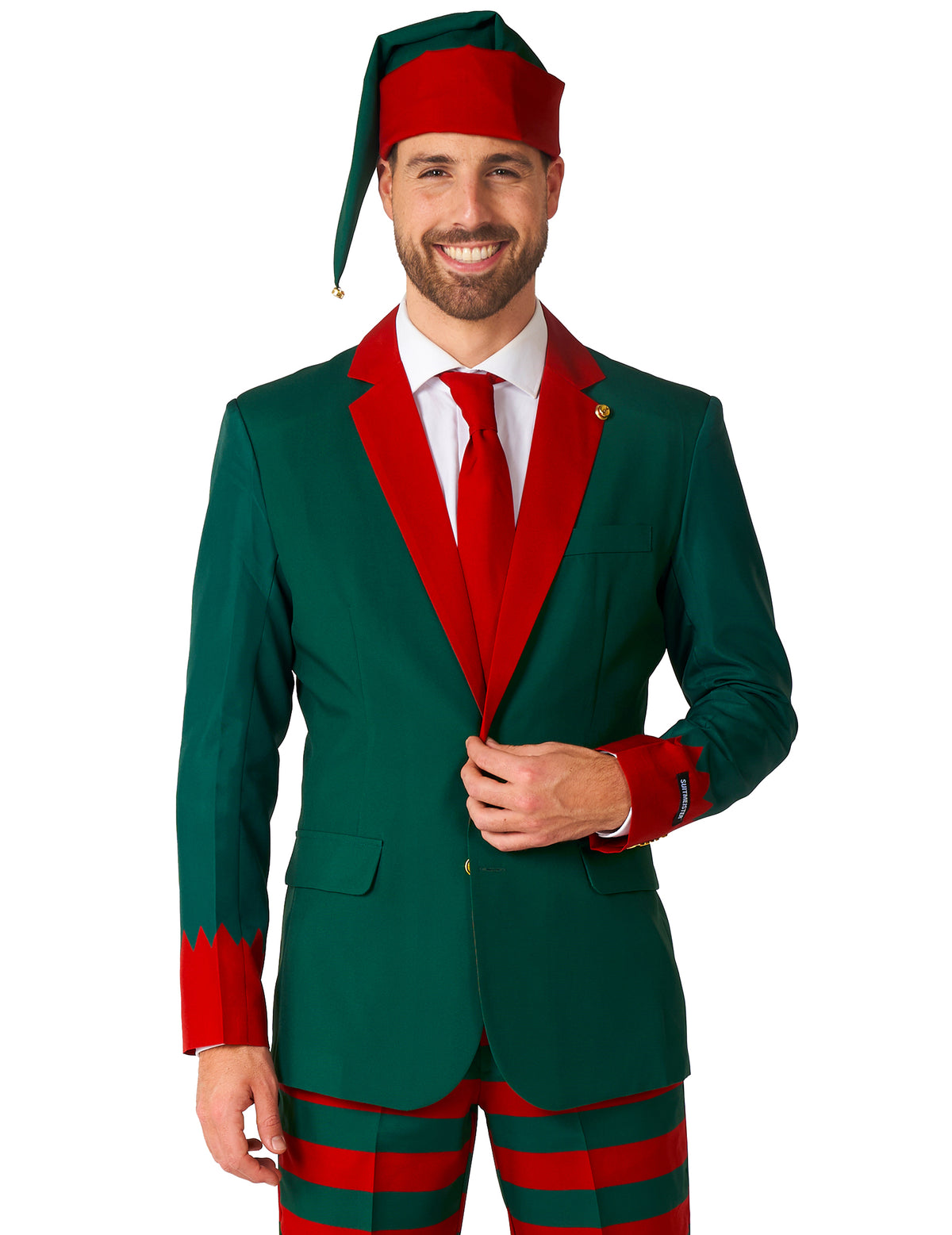Détail de la veste et du bonnet du costume Elfe du Père Noël Suitmeister