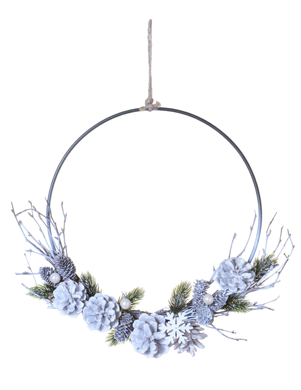 Couronne à suspendre Noël polaire pour décoration avec pommes de pin givrées