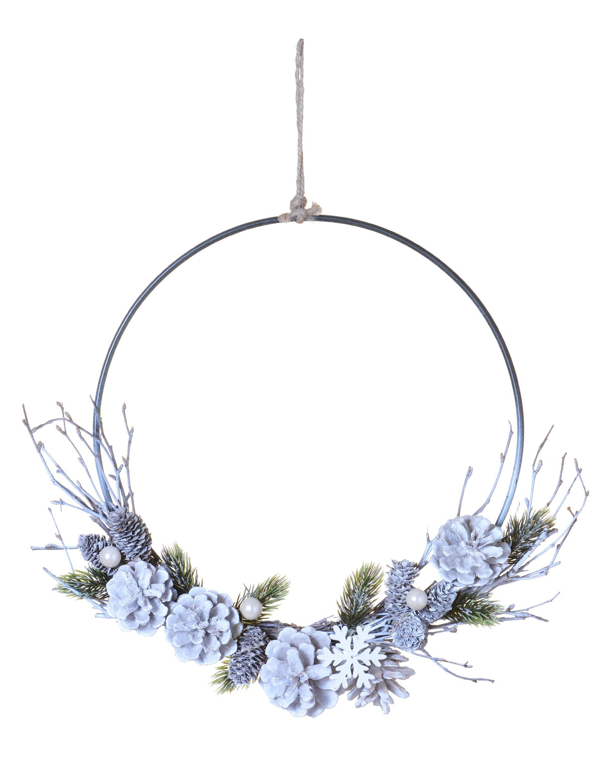 Couronne à suspendre Noël polaire pour décoration avec pommes de pin givrées