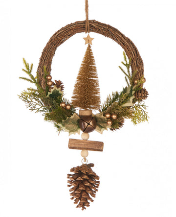 Závesný veniec, zlatá jedľa, 39 cm a borovicové šišky
