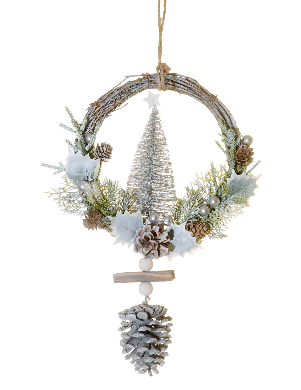 Couronne à suspendre sapin enneigé pour décoration avec pommes de pin
