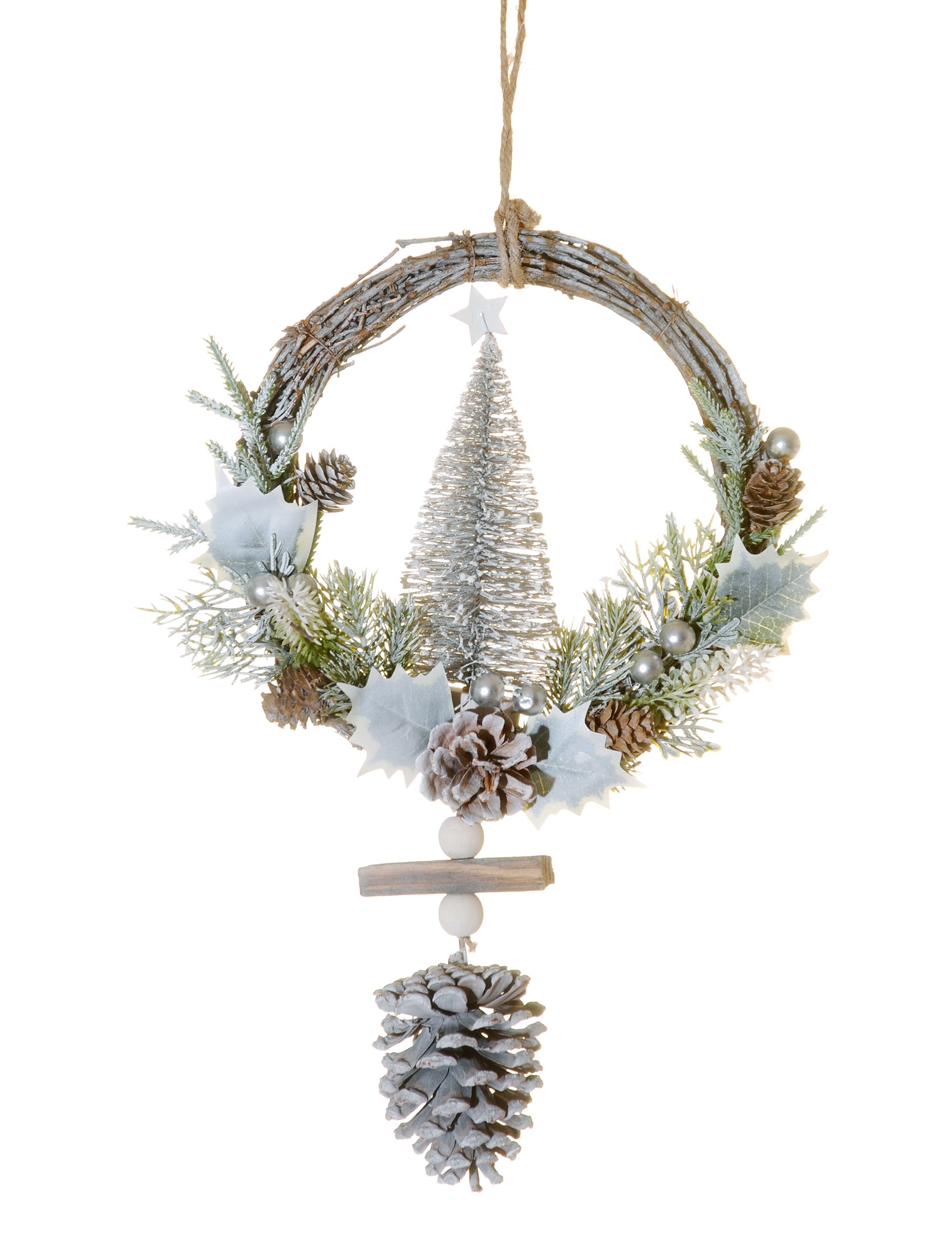 Couronne à suspendre sapin enneigé pour décoration avec pommes de pin