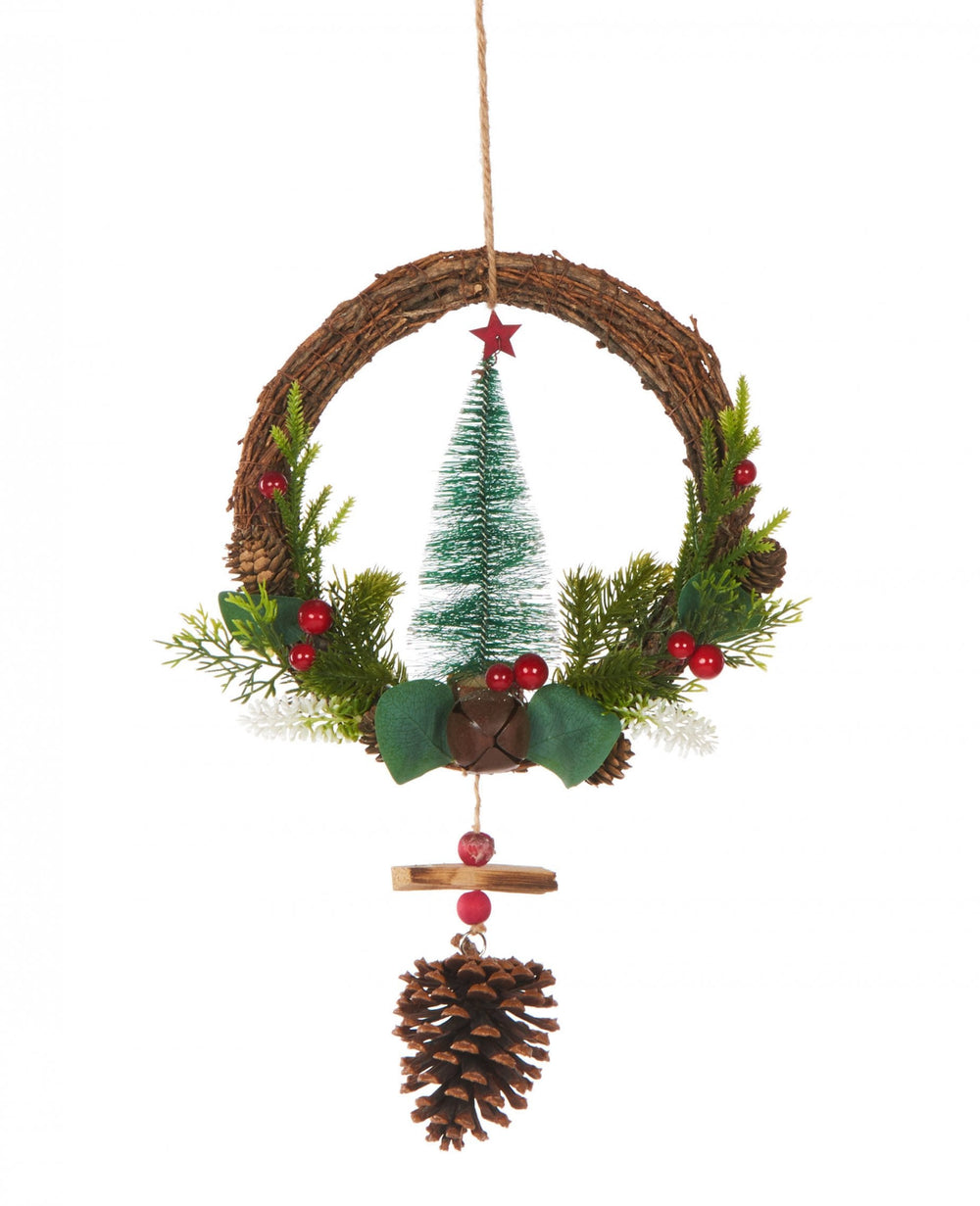 Couronne à suspendre sapin traditionnel et pommes de pin pour décoration de Noël vert marron et rouge