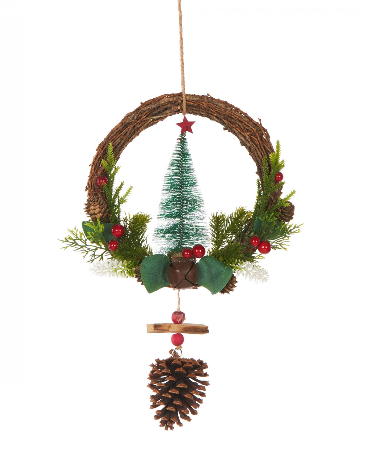 Couronne à suspendre sapin traditionnel et pommes de pin pour décoration de Noël vert marron et rouge