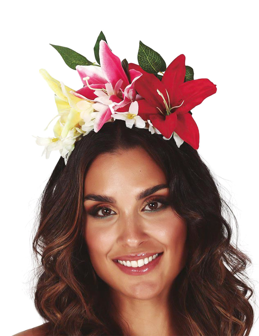 Couronne de fleurs aloha pour femme multicolore avec de grands lys rouges roses et jaunes