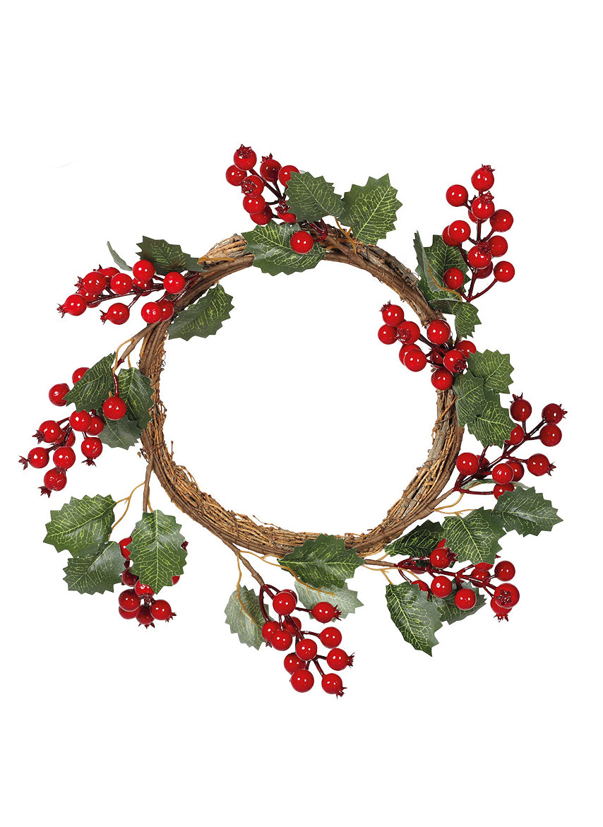 Couronne de houx et baies rouges pour décoration de Noël rouge et vert