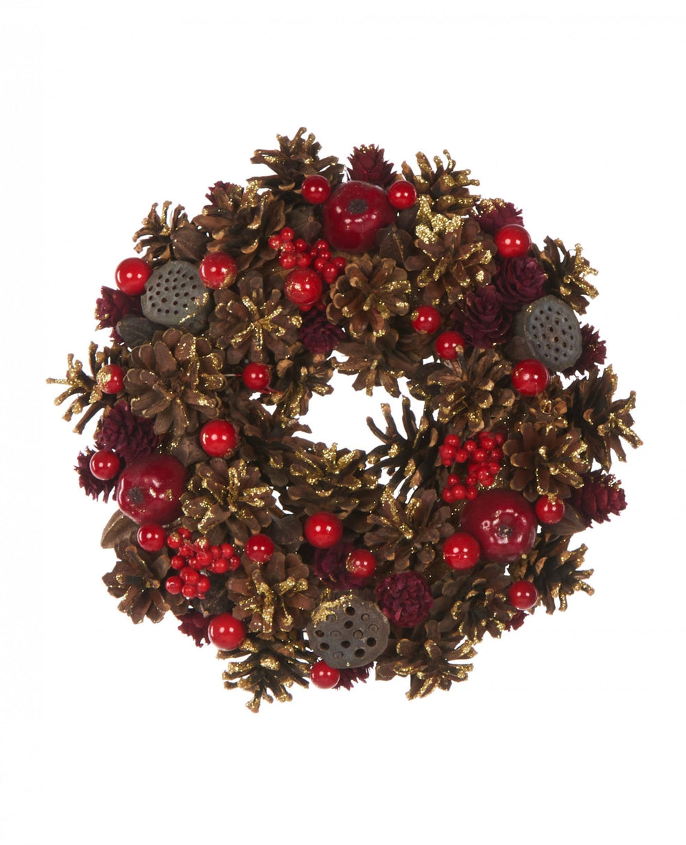 Couronne de noël baies rouges et pommes de pin pour décoration rouge et dorée