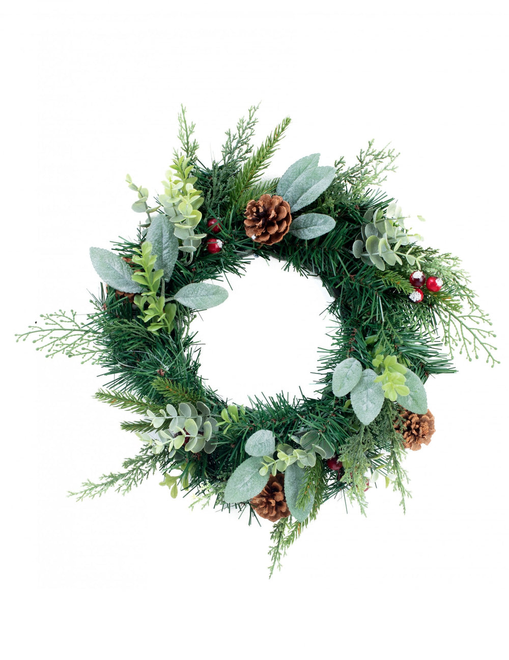 Couronne de Noël sapin et eucalyptus aux baies rouges et pommes de pin