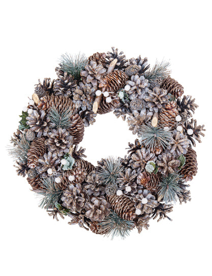 Couronne de Noël forêt enchantée aux éléments naturels marron et blanc avec pommes de pin