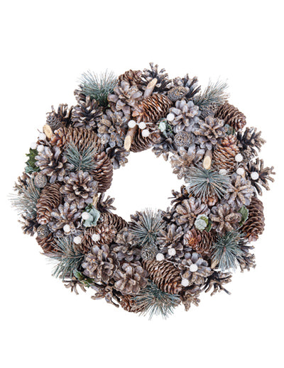 Couronne de Noël forêt enchantée aux éléments naturels marron et blanc avec pommes de pin