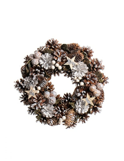 Couronne de noël pommes de pin enneigées pour décoration marron et blanc avec baies et étoiles