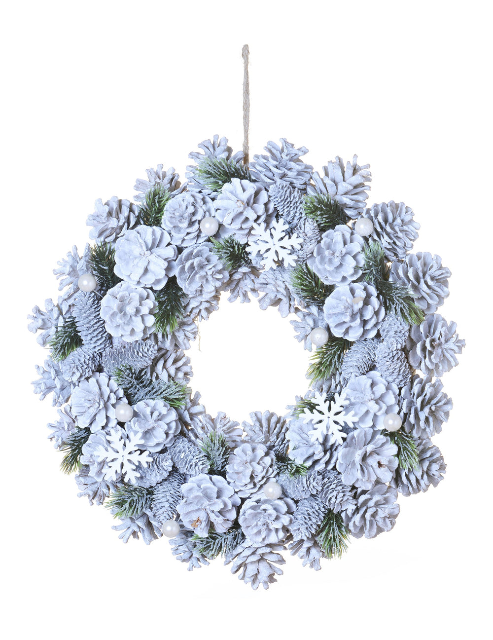 Couronne de noël pommes de pin et sapin enneigé pour la maison blanc givré avec flocons et perles