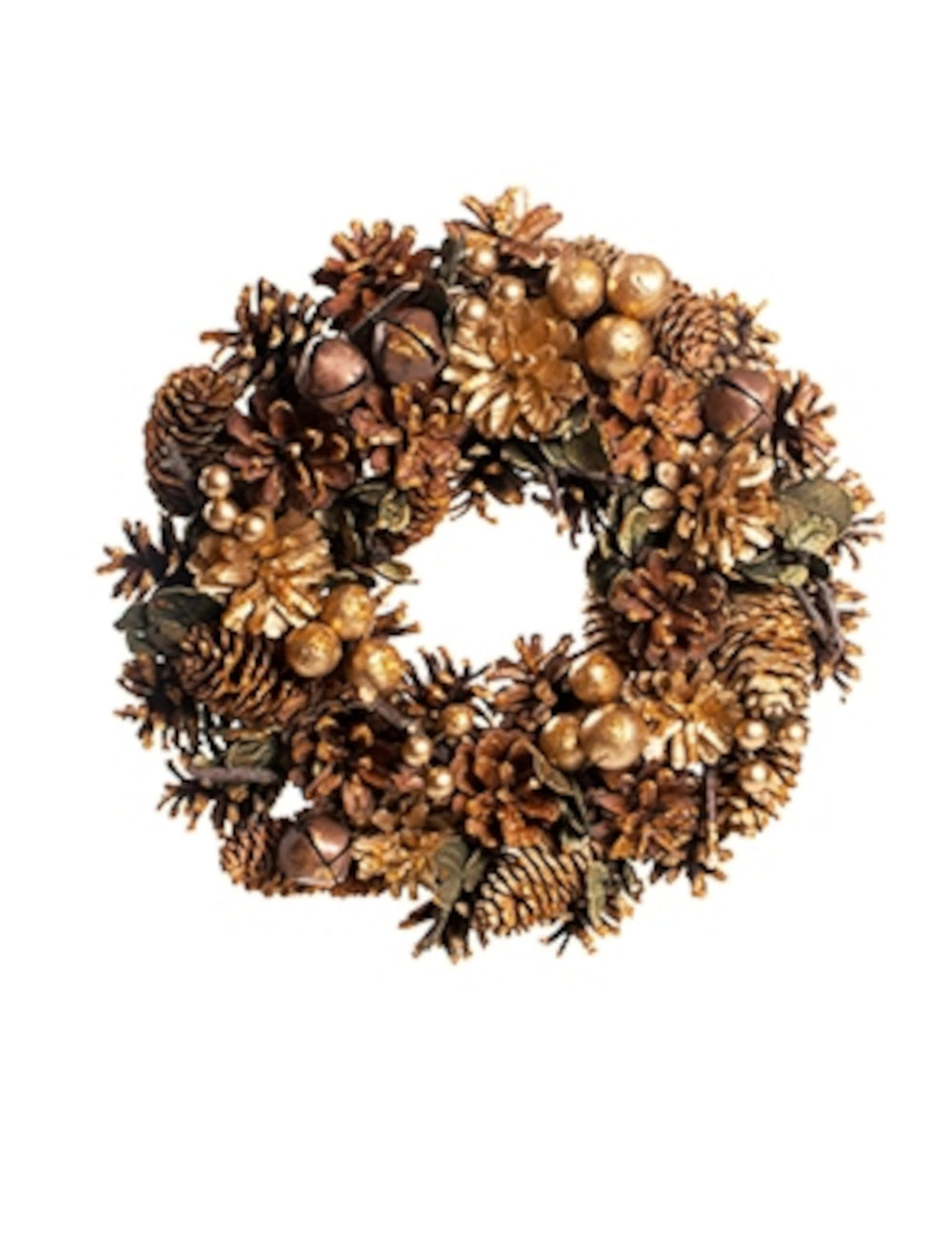 Couronne de Noël pommes de pin et grelots bronze et or scintillants