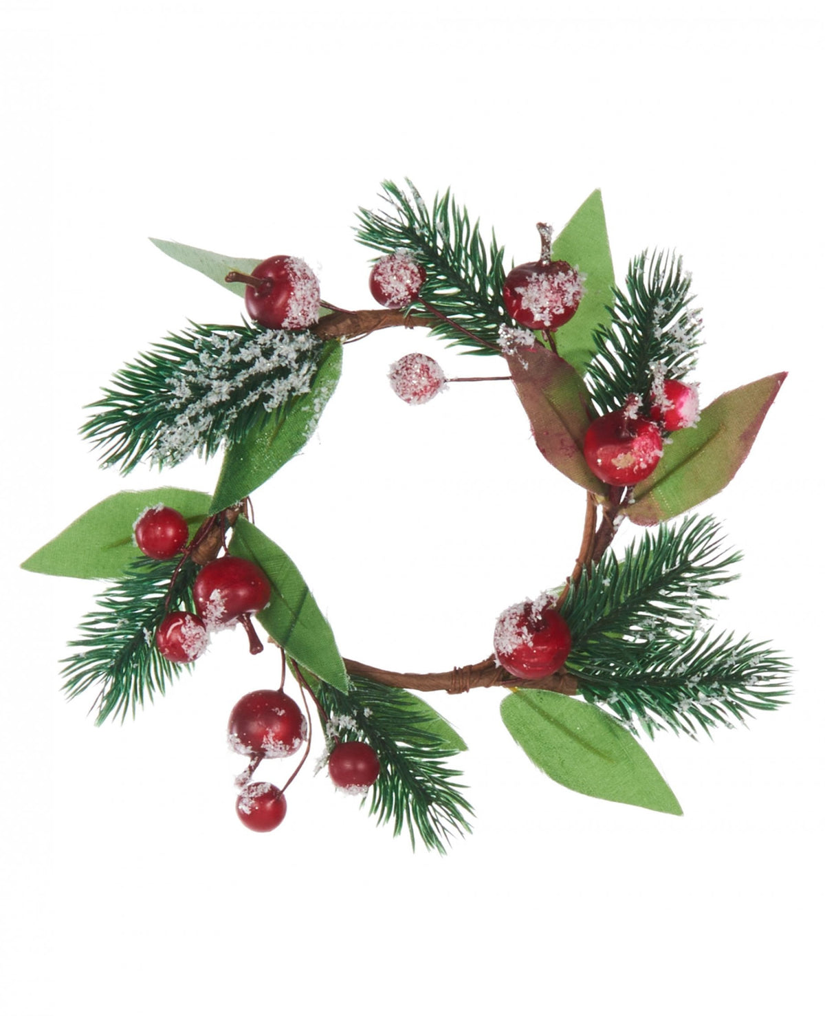 Couronne de noël sapin et baies enneigées pour décoration table rouge et vert