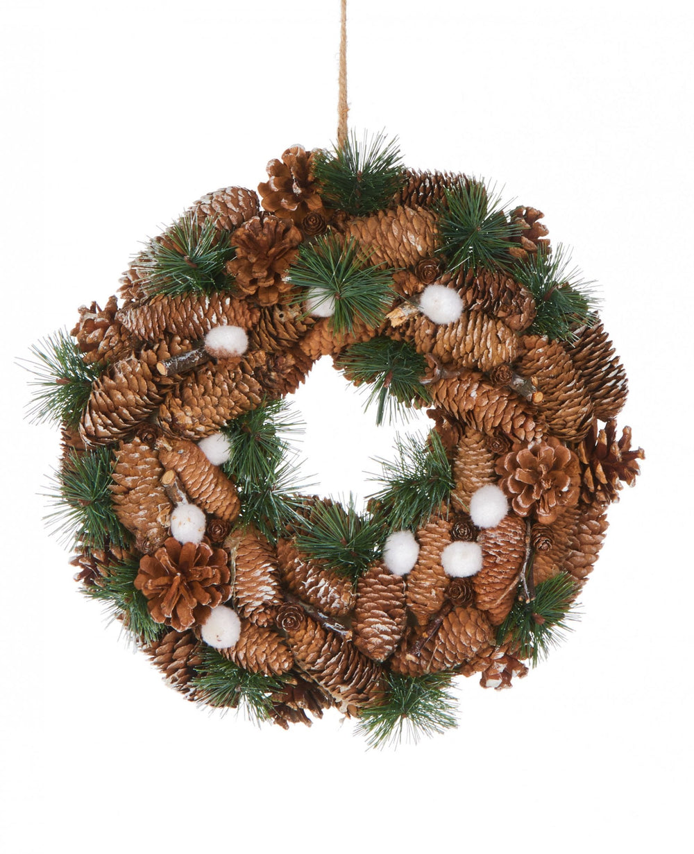 Couronne de pommes de pin naturelle et coton pour décoration marron et blanc