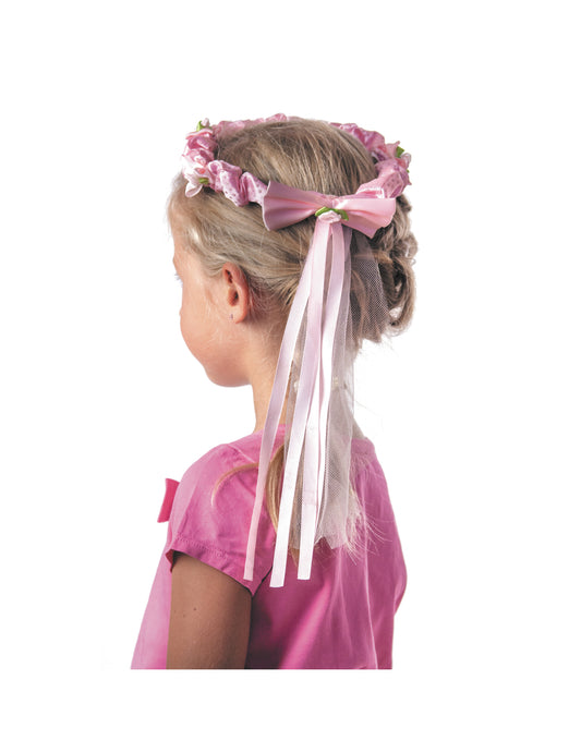 Vue de dos de la couronne de fleurs roses pour fille